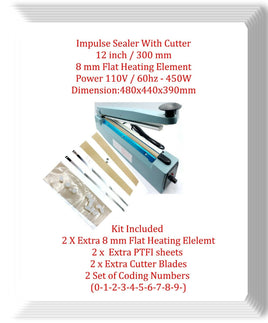 PFS300B 12" Hand Impulse Sealer W/Cutter & Coding Printing- 8mm Heating Element 
