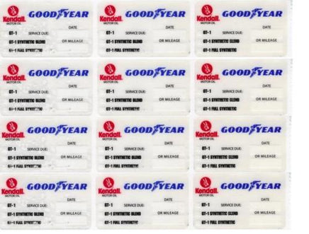 $$$ 20 KENDALL GOODYEAR STATIC CLING OIL CHANGE STICKER