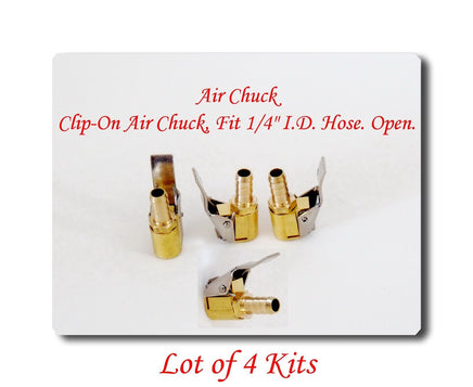 lot 4 Tire Valve Clip-On Air Chuck Brass Fit 1/4" 6 mm I.D Hose. Open.Tire Valve