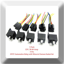 5 Kits 12V 30-40 Amp 5 Pin SPDT Automotive Relay with Wires & Harness Socket Set