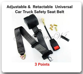 1 Kit Universal Strap Retractable & Adjustable Safety Seat Belt Black 3 Point 