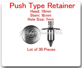 (30 Pc) Push Type Retainers Head 18mm Hole Size 7mm Stem L16 / 23mm Fits: Toyota