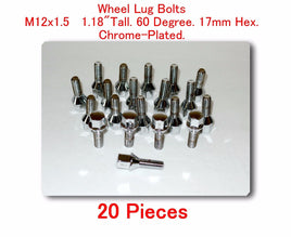 20 Pcs wheel Lug Bolt M12x1.5 Tall 1.18" 60 Degree. 17mm Hex Chrome-Plated