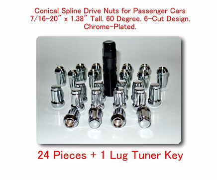 24 Pcs Conical 6 Spline Drive Nut For Passenger Cars 7/16-20 x 1.38" w/Tuner Key