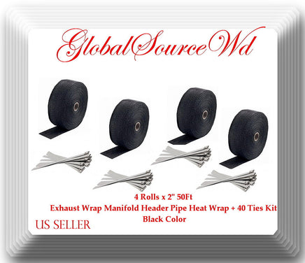 Black 4 Roll x 2" 50Ft Exhaust Wrap Manifold Header Pipe Heat Wrap + 40 Ties Kit