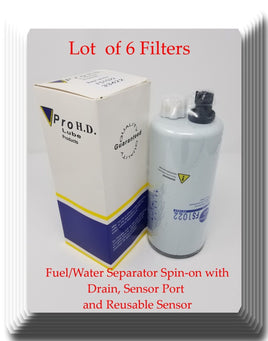 6 X V-PRO FS1022 Fuel/Water Separator Spin-on with Drain & Sensor Fits: Cummins