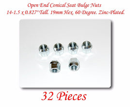 32 Pcs Open End Conical Seat Bulge Nuts 0.827" Tall 19mm Hex 60 Degree. M14x1.5