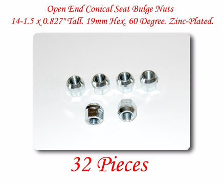32 Pcs Open End Conical Seat Bulge Nuts 0.827" Tall 19mm Hex 60 Degree. M14x1.5
