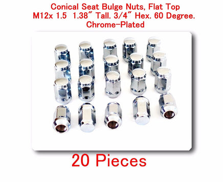 20 Pc Conical Seat Bulge Nuts Flat Top M12x1.5 Tall 1.38" 3/4" Hex. 60 Degree