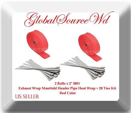 Red 2 Roll x 2" 50Ft Exhaust Wrap Manifold Header Pipe Heat Wrap + 20 Ties Kit