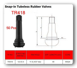 50 Valves TR418 STANDARD 2" SNAP IN TUBELESS BLACK RUBBER TIRE VALVE STEM