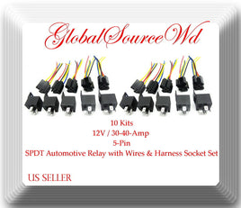 10 Kits Car 30/40 AMP Relay Automotive Harness Socket 5 Wires SPDT 5 Pin DC 12V