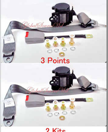 2 Kits Universal Strap Retractable & Adjustable Seat Belt Grey 3 Point