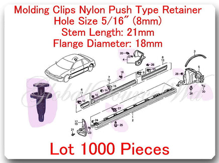 1000 Pc Garnish - Bumper Retainer Clip Hole:8mm  Head: 18mm - L:21mm Fits: Honda