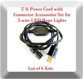 6 Kits 5' ft Power Cord w/ Connector Accessories Set for 2-wire LED Rope Lights
