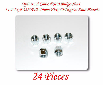 24 Pcs Open End Conical Seat Bulge Nuts 0.827" Tall 19mm Hex 60 Degree. M14x1.5