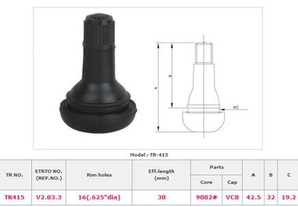 Lot  50 TR415 Rubber Snap-In Rim Holes 0.625 5/8"  Lenght 1-1/4" Tire Valves