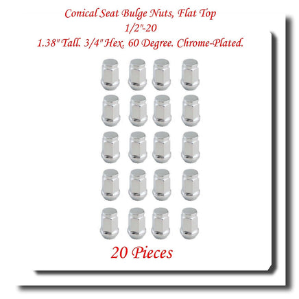 20 Pc Chrome Plated Lug Nuts 1/2-20 1.38" Tall 3/4" 60 Degree Fits:Cars & Trucks