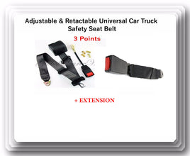 1 Kit Universal Strap Adjustable Safety Seat Belt Black 3 Point + EXTENSION