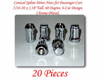 20 Pcs Conical 6 Spline Drive Nut For Passenger Cars 7/16-20 x 1.38" w/Tuner Key