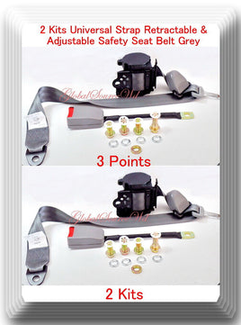 2 Kits Universal Strap Retractable & Adjustable Safety Seat Belt Grey 3 Point 