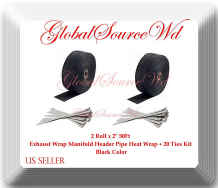 Black 2 Roll x 2" 50Ft Exhaust Wrap Manifold Header Pipe Heat Wrap + 20 Ties Kit