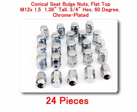 24 Pc Conical Seat Bulge Nuts Flat Top M12x1.5 Tall 1.38" 3/4" Hex. 60 Degree