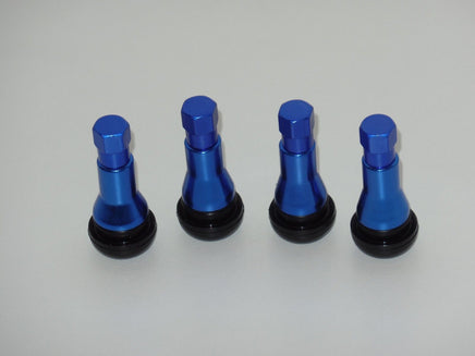 Set 4 Kits TR 413C Chrome Blue Color Snap-In Tire Valve Stems Short Black Rubber