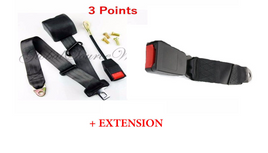 1 Kit Universal Strap Adjustable Seat Belt Black 3 Point + EXTENSION