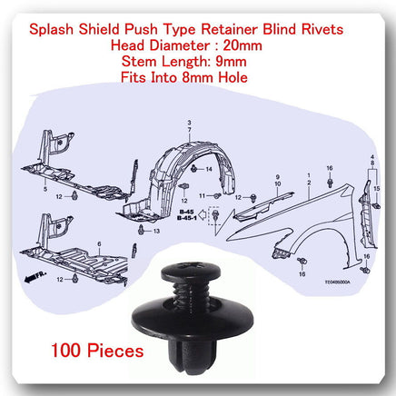 100  Splash Shield Push Type Retainer Blind Rivets Fits Honda  Mazda Nissan