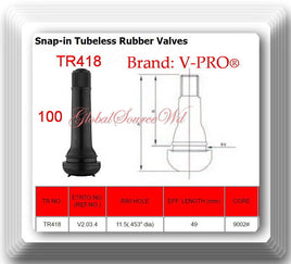 100 TR418 Valves STANDARD 2" SNAP IN TUBELESS BLACK RUBBER TIRE VALVE STEM