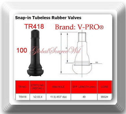 100 TR418 Valves STANDARD 2" SNAP IN TUBELESS BLACK RUBBER TIRE VALVE STEM